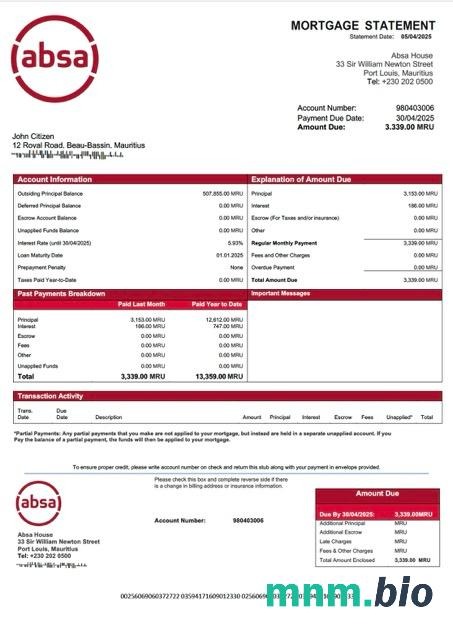 Mauritius Bank Absa wyciąg z kredytu hipotecznego szablon Word i PDF